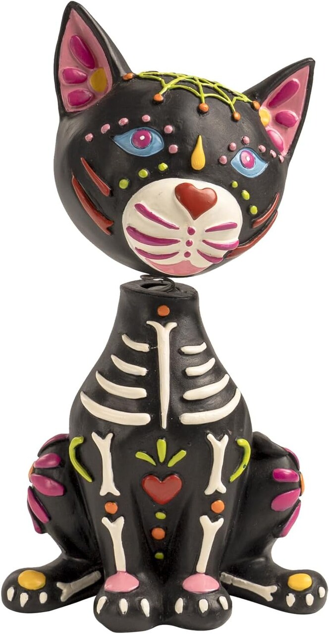 Day of The Dead Cat Figurine, 5.9" Resin Dia De Los Muertos Sugar Skull Statue Ofrenda Altar Table Top Decorations for Home